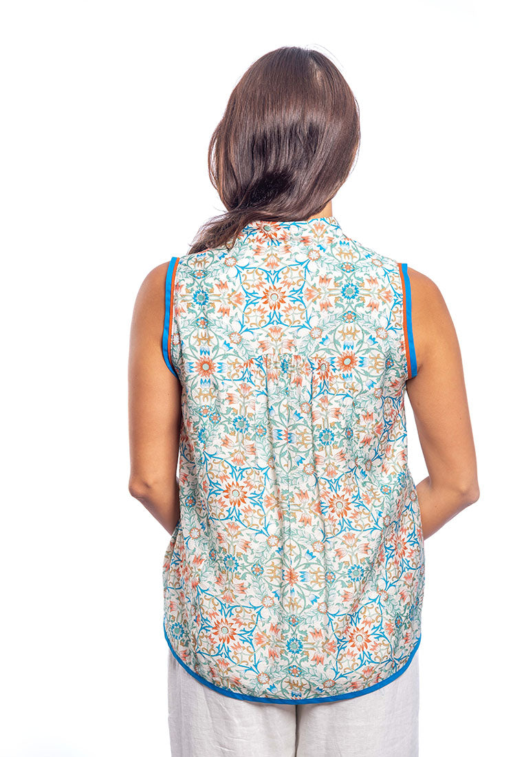 East India Company Karin Printed Sleeveless Blouse - Blue