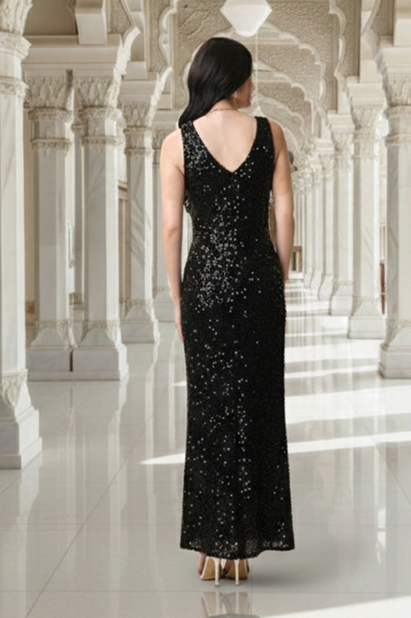 East India Company - Celeste , Sequin V-Neck Evening Gown