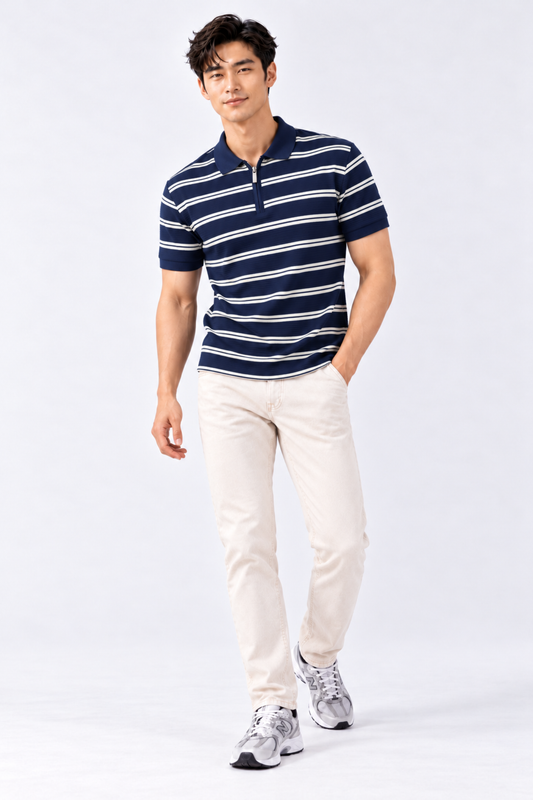 CAPE COD - Men's Textured Striped Quarter-Zip Polo