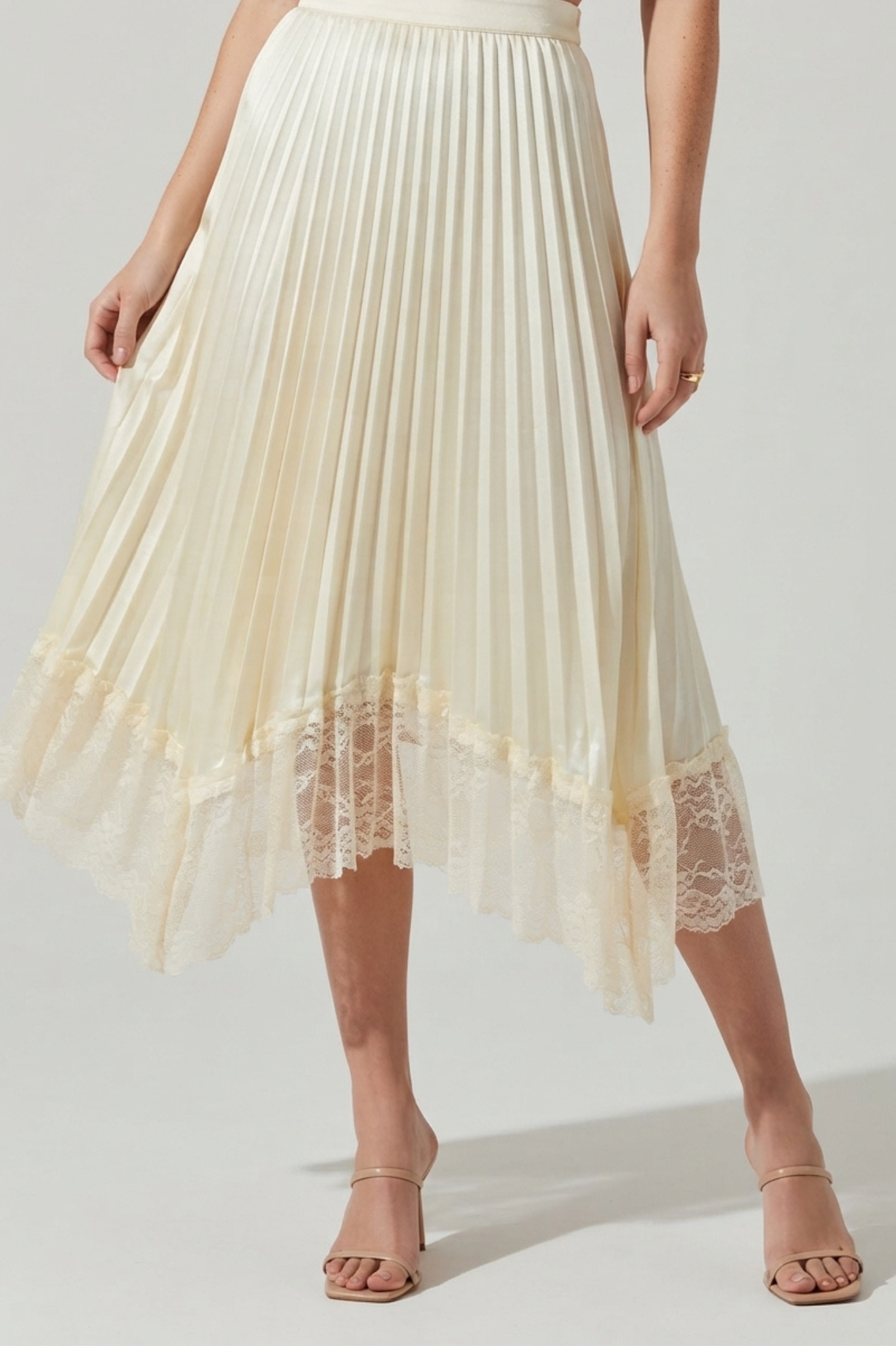 Pleated Satin Midi Skirt with Lace Trim