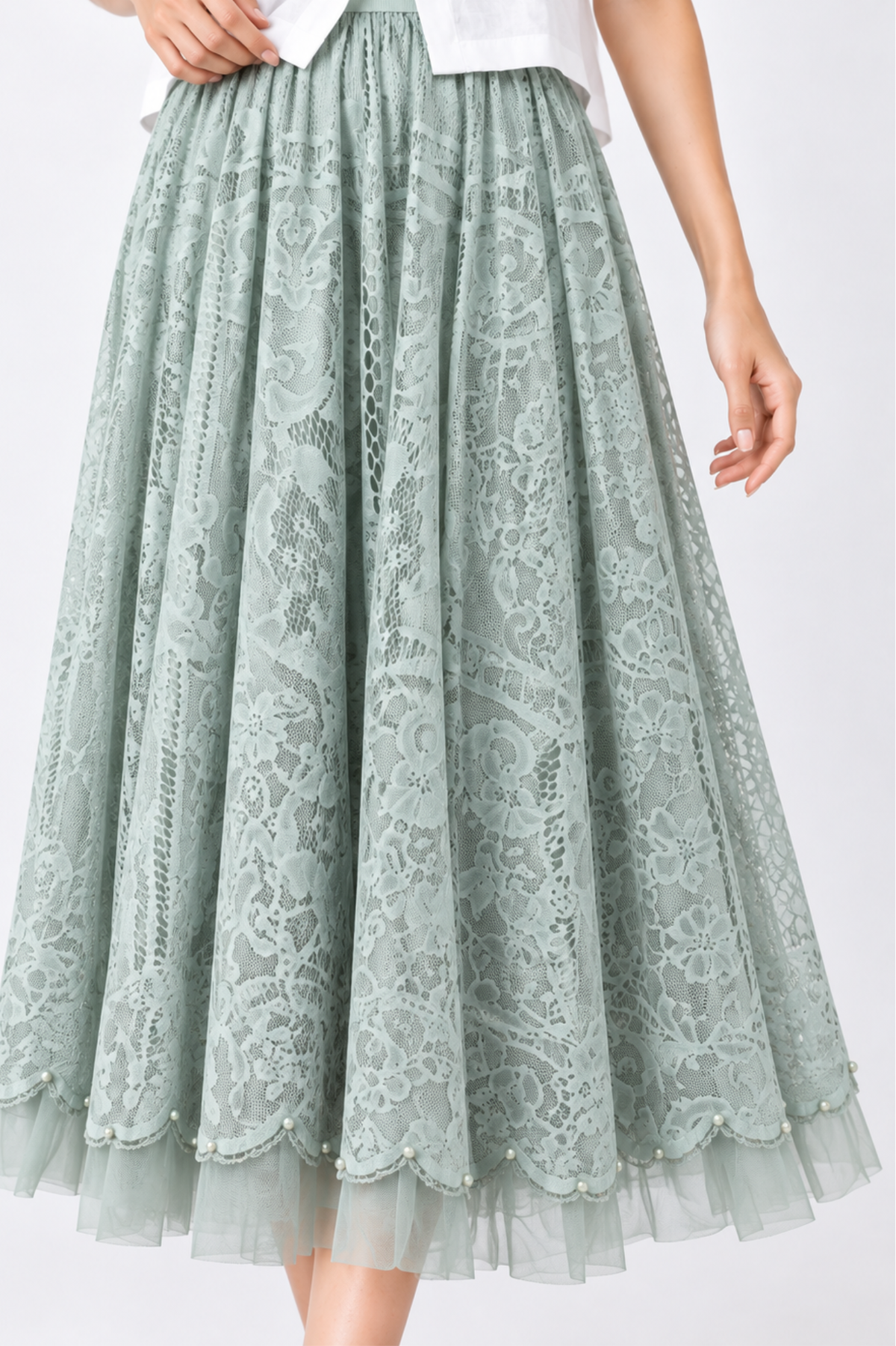 SOMERSET BAY - Full A-Line Lace Pearl-Trim Midi Skirt