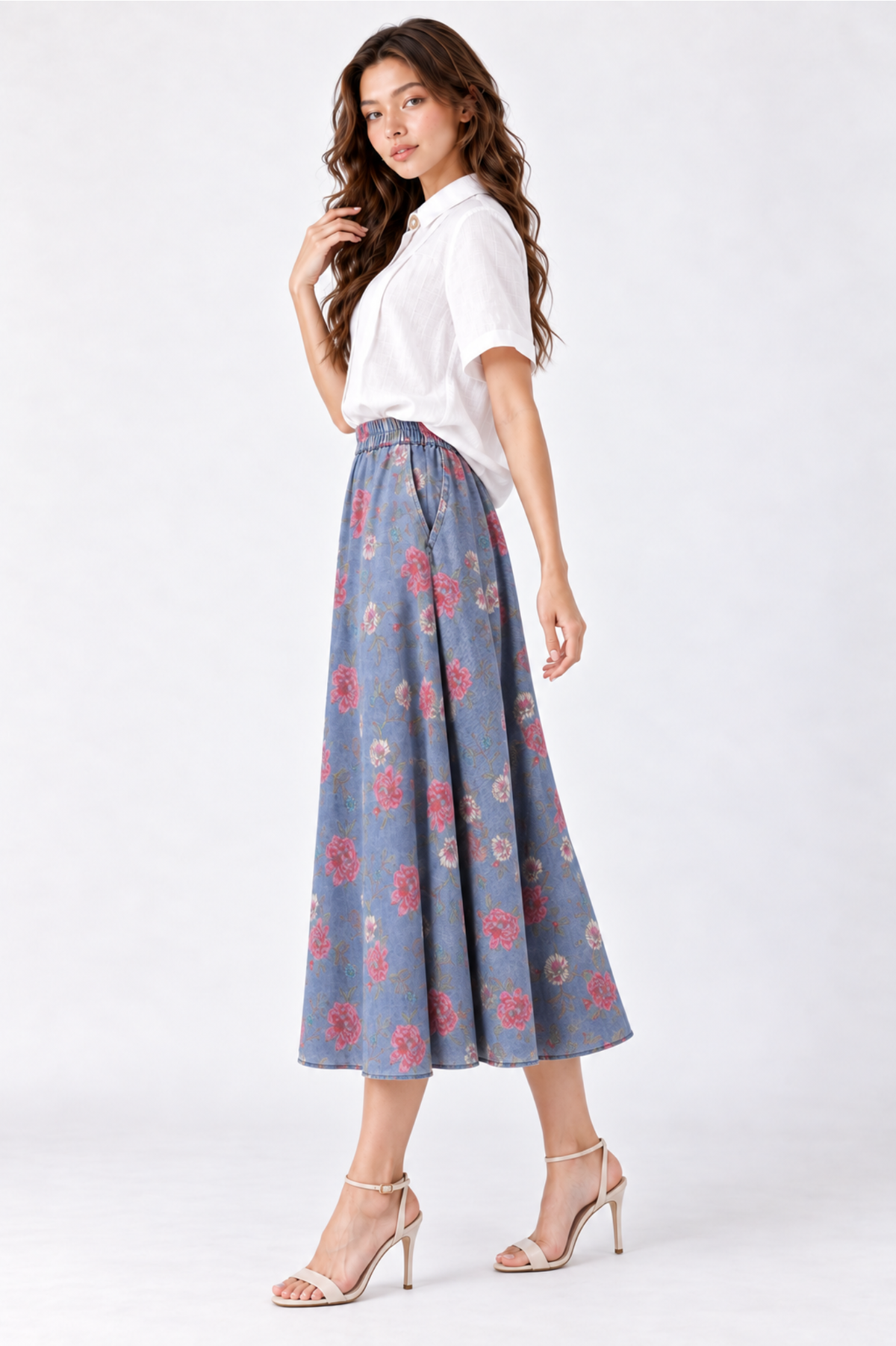 SOMERSET BAY - Denim Blue Floral Midi Skirt