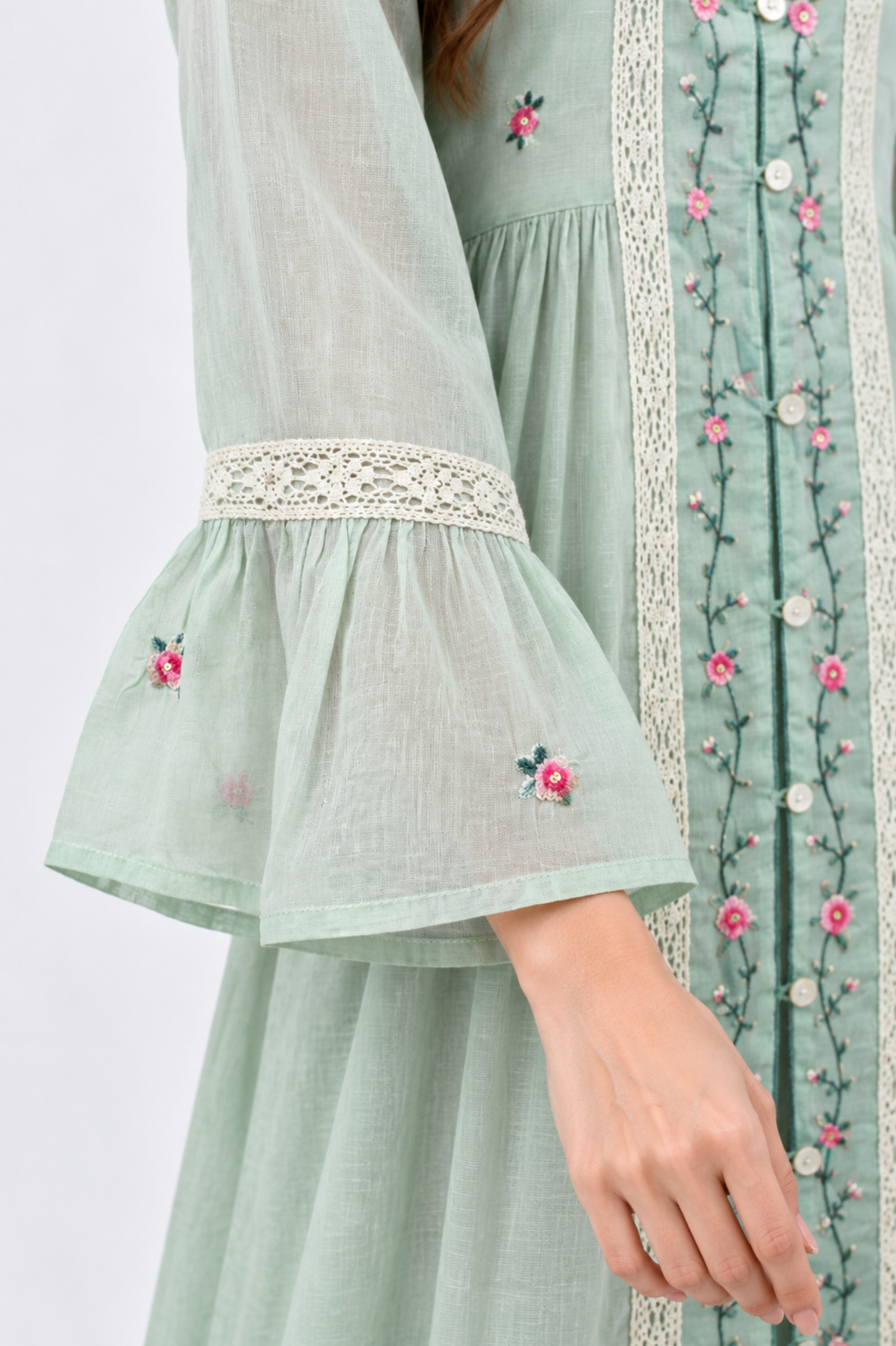 SOMERSET BAY - Lace-Trim Floral Bell-Sleeve Linen Dress