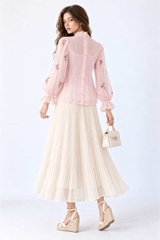 SOMERSET BAY - Lace-Yoke Peplum Embroidered Blouse