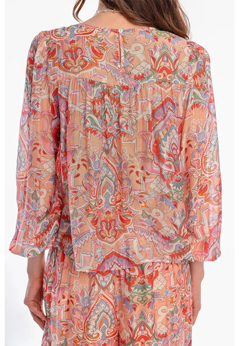 East India Company Aditi Women's Printed Long Sleeve Blouse - Cotton Viscose, Peach/Orange