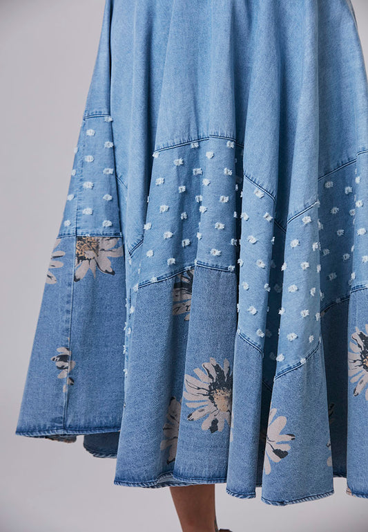 REAGAN - Midi Denim Skirt in textured fabric and Embroidered