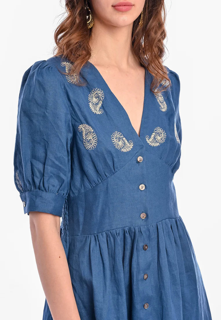 East India Company - Geeta Embroidered Short Sleeve Midi Dress