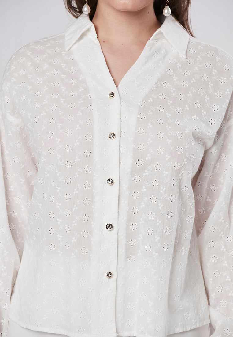 JOURNEY - Collared Eyelet Schiffli Blouse