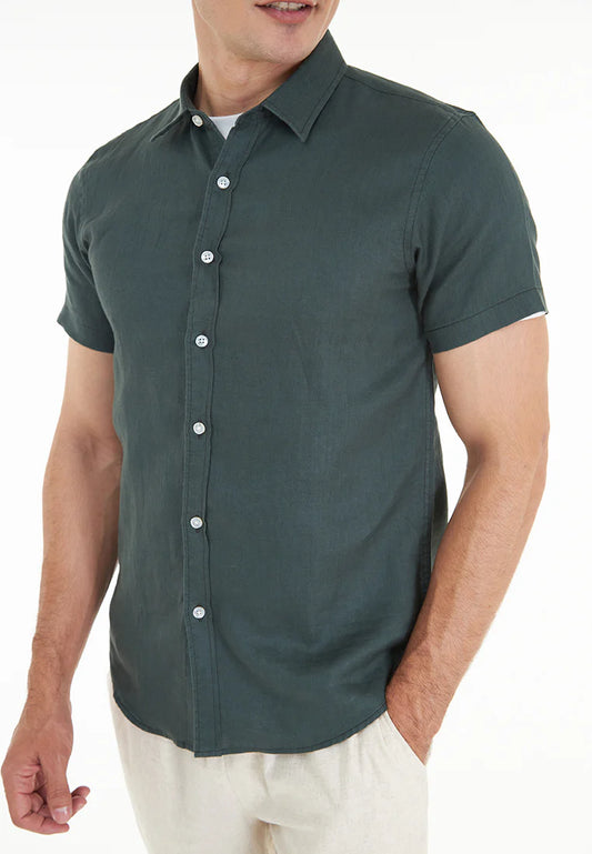 Kaden S/Sleeve Pure Linen Shirt - Dark Green