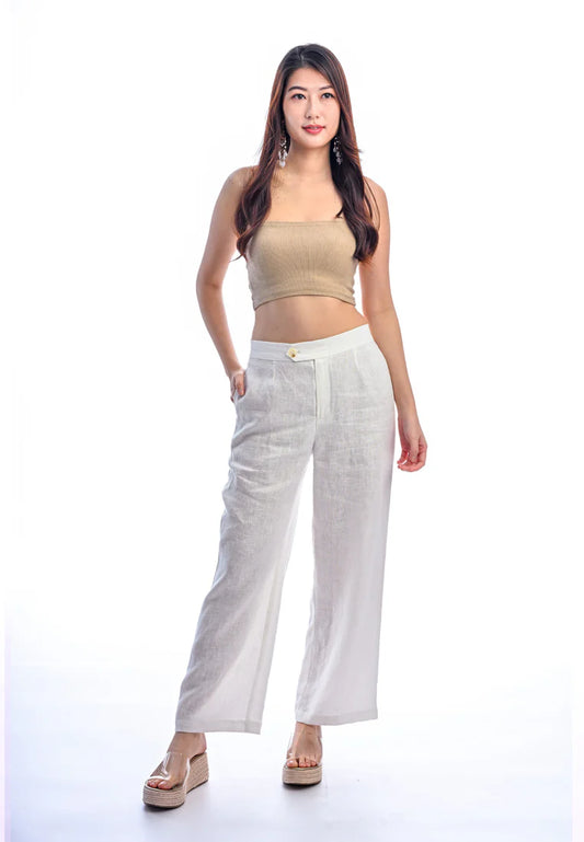 East India Company -Kay, Normal Waist Wide-Leg Linen Pants - Ivory