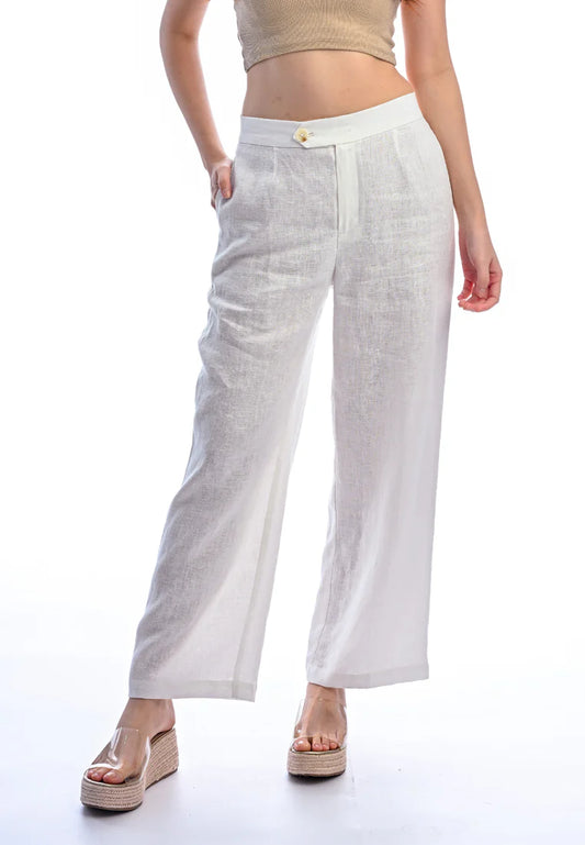 East India Company -Kay, Normal Waist Wide-Leg Linen Pants - Ivory