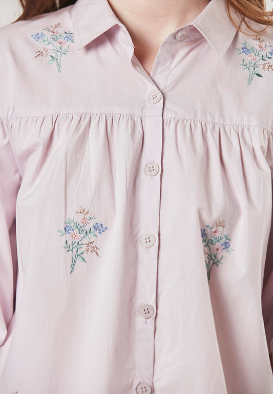 CATALEYA - Babydoll Shirt Blouse with Front Allover Embroideries