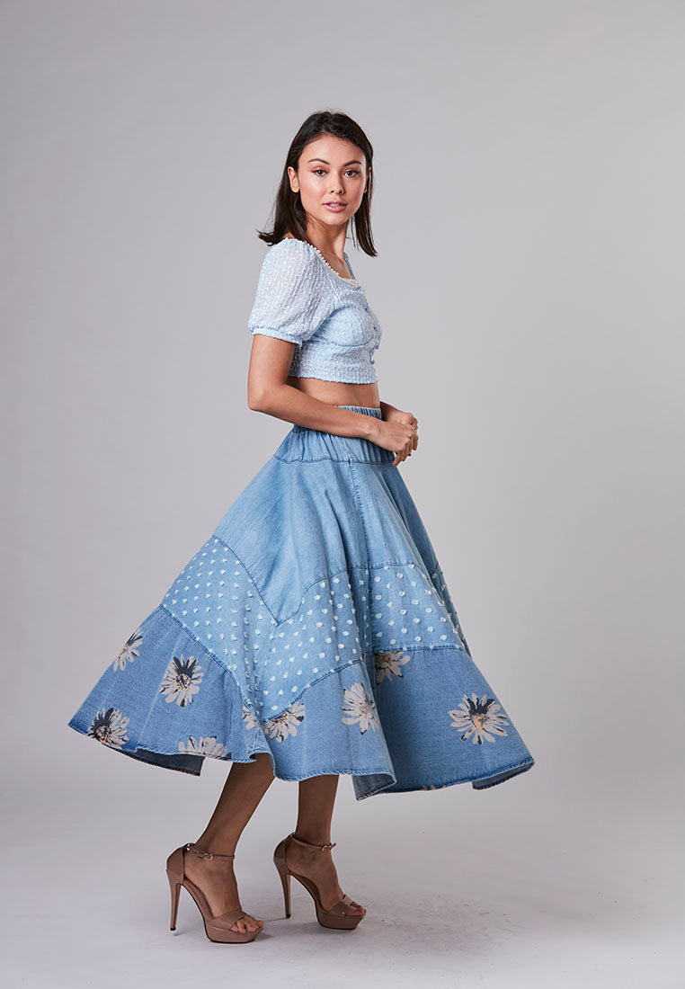 REAGAN - Midi Denim Skirt in textured fabric and Embroidered