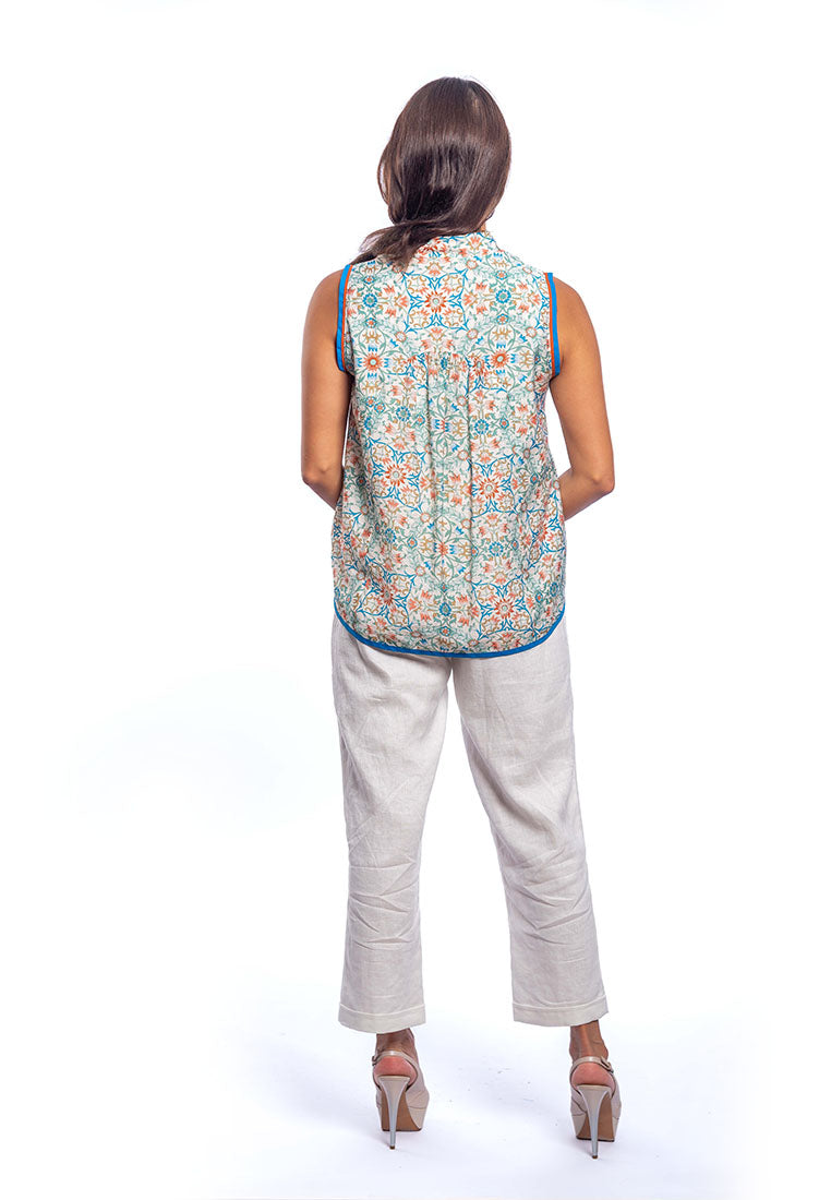East India Company Karin Printed Sleeveless Blouse - Blue