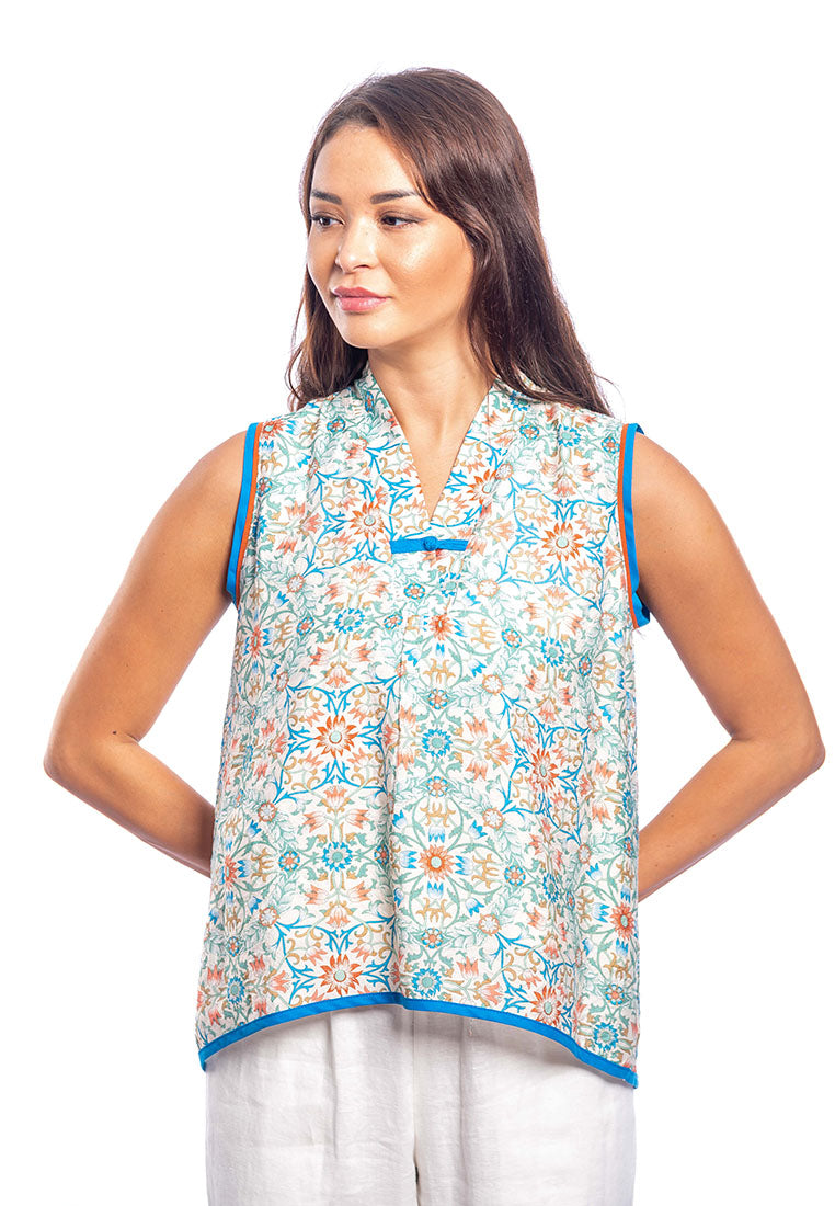 East India Company Karin Printed Sleeveless Blouse - Blue