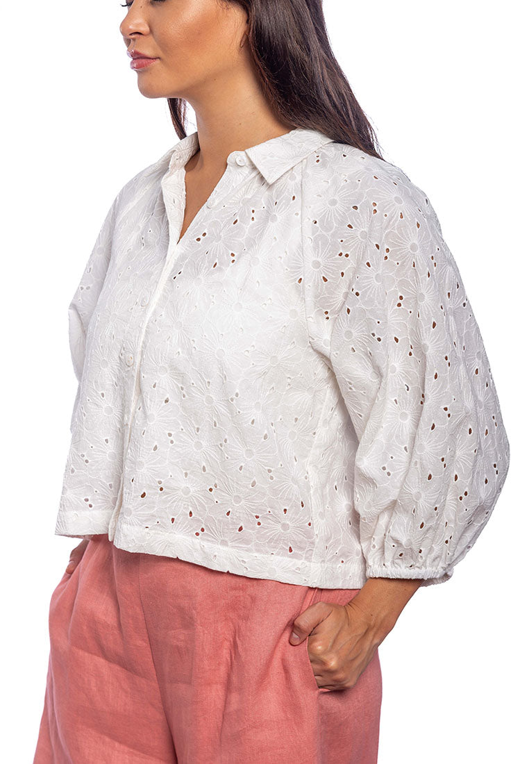 East India Company Sheena Eyelet Embroidered Puff Sleeve Blouse - White