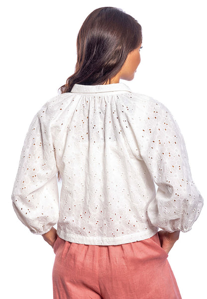 East India Company Sheena Eyelet Embroidered Puff Sleeve Blouse - White