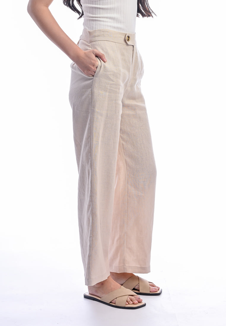 East India Company - Kay, Normal Waist Wide-Leg Linen Pants - Khaki