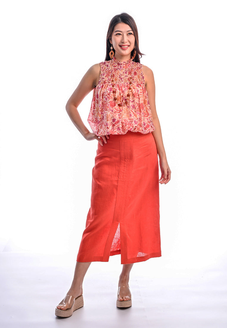 East India Company - Simone, Classic High-Waist Linen Skirt - Rust