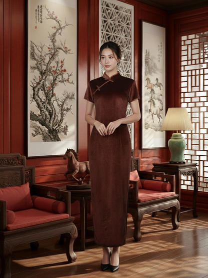 INDIE - LONG CHEONGSAM DRESS - BROWN