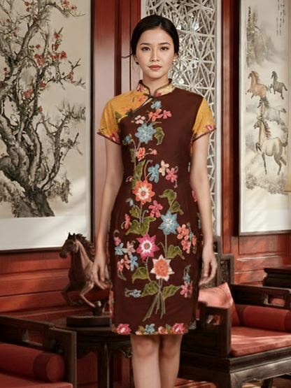 INDIE - MINI CHEONGSAM DRESS - BROWN
