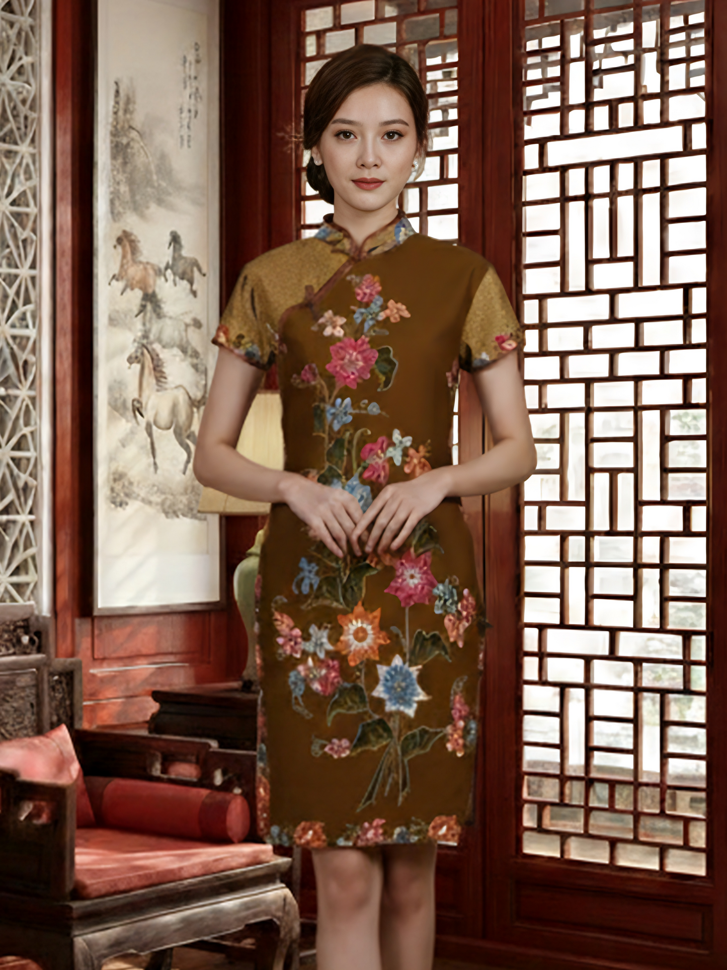 INDIE - MINI CHEONGSAM DRESS - DARK BEIGE