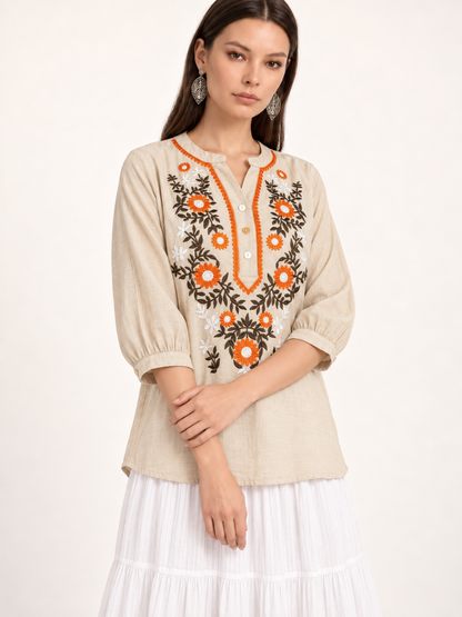 East India Company - Sheena, Embroidered Short Sleeve Blouse