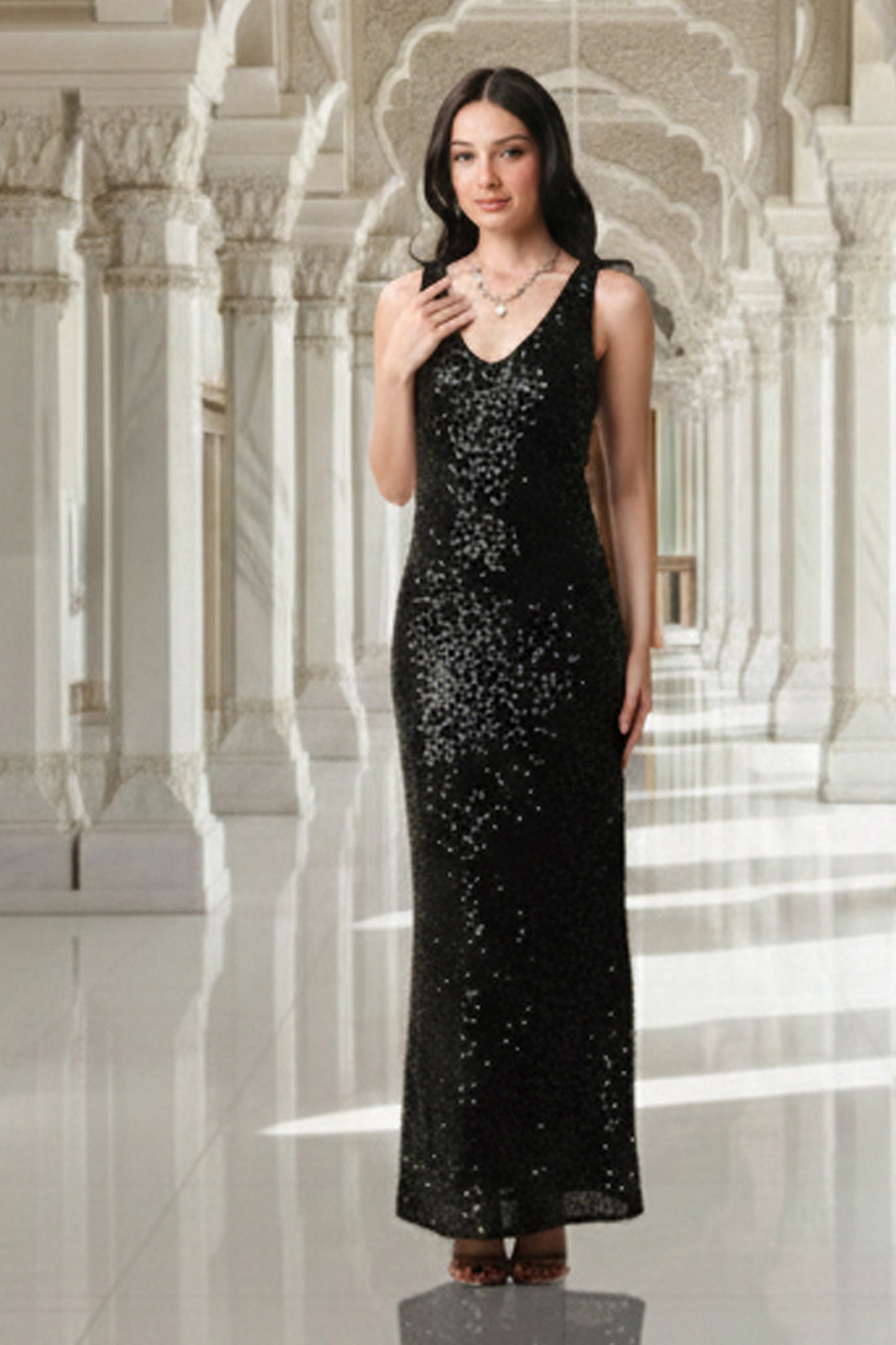 East India Company - Celeste , Sequin V-Neck Evening Gown