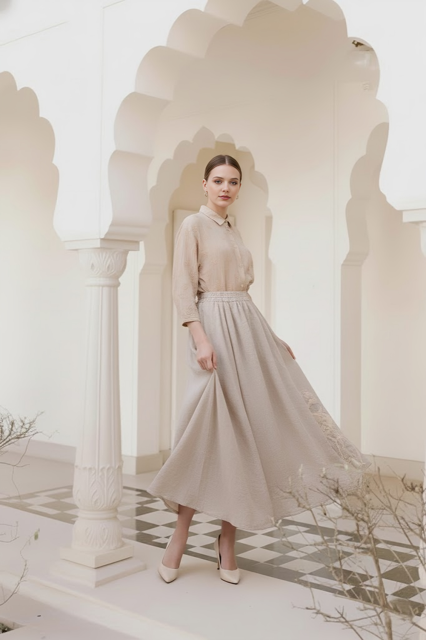 East India Company - Embroidered Linen Circle Skirt