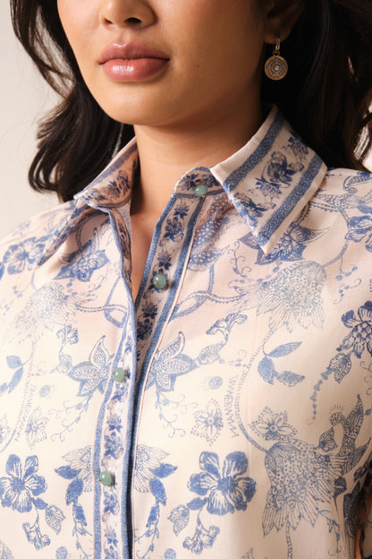 East India Company - Printed Sheer 3/4 Sleeve Blouse
