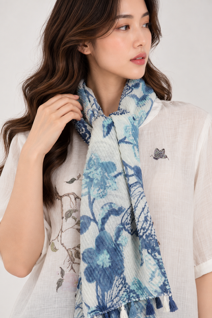SOMERSET BAY - Indigo Floral Print Tasseled Scarf