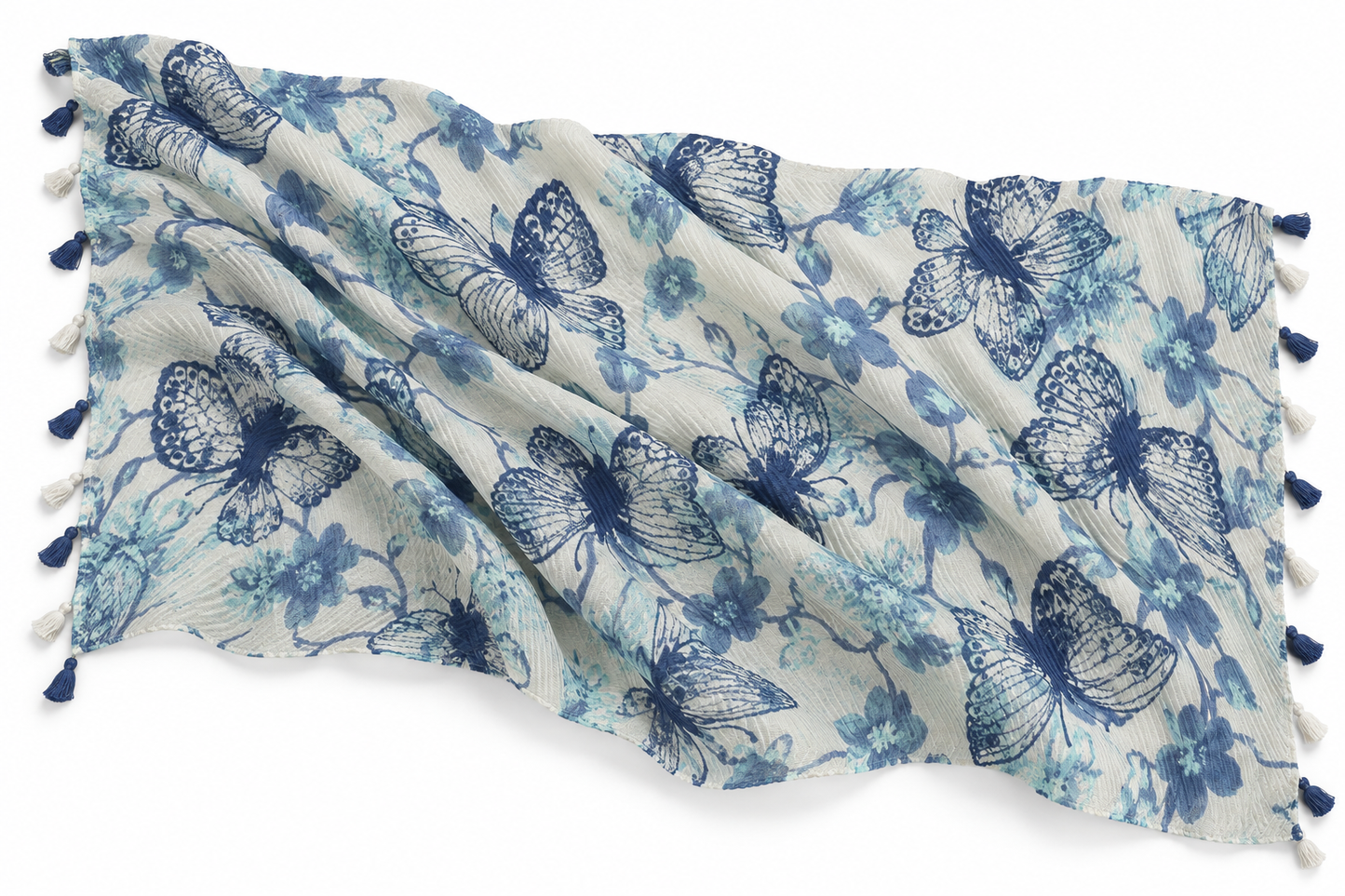 SOMERSET BAY - Indigo Floral Print Tasseled Scarf
