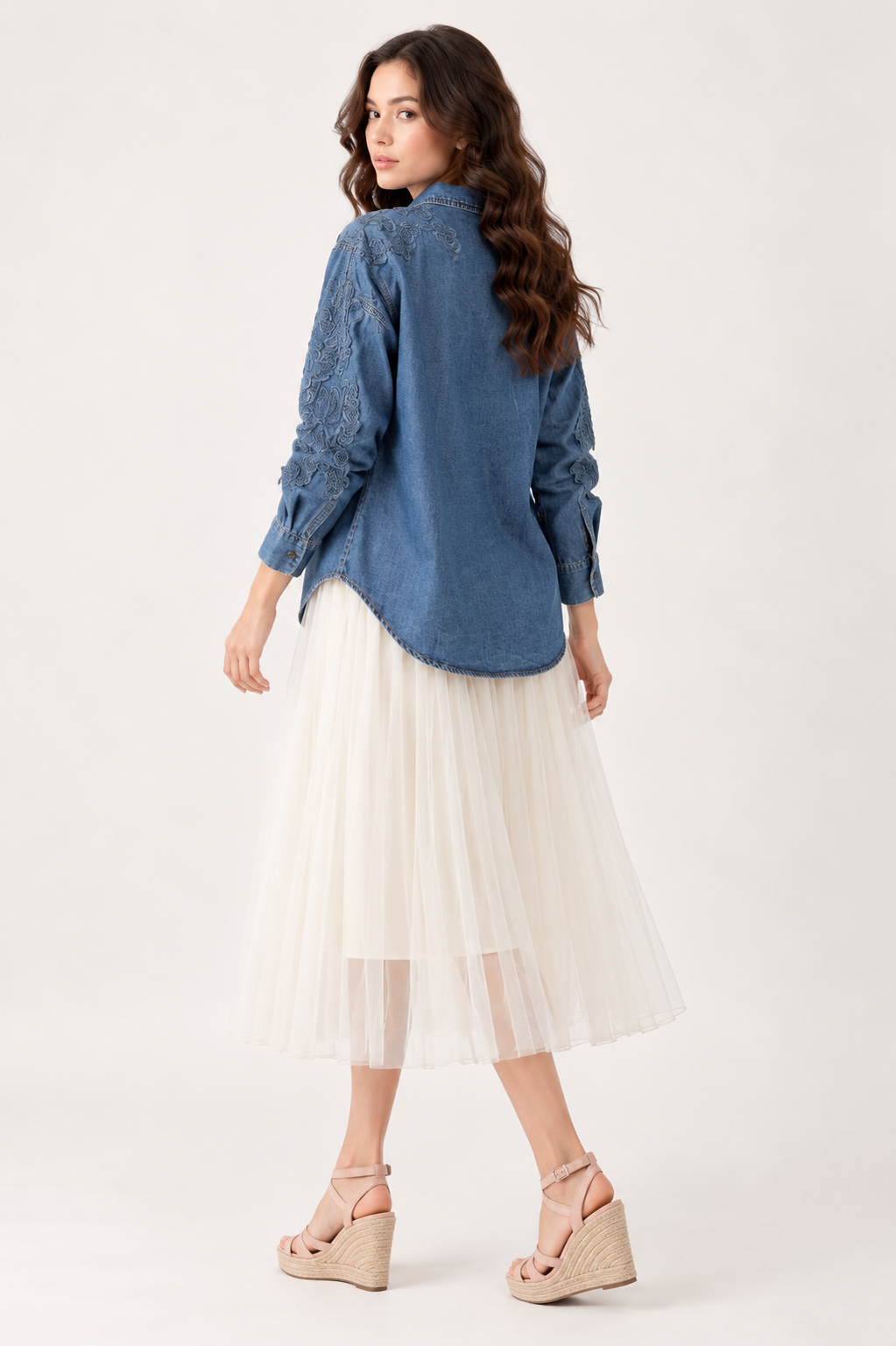 SOMERSET BAY - Denim Shirt with Floral Lace Appliqué