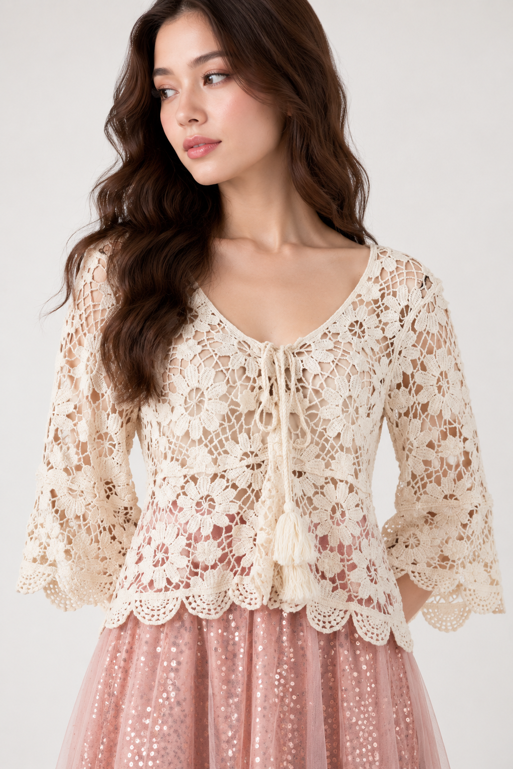 SOMERSET BAY - Tasseled Crochet Top with Bell Sleeves