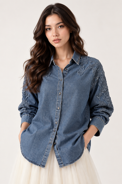 SOMERSET BAY - Denim Shirt with Floral Lace Appliqué