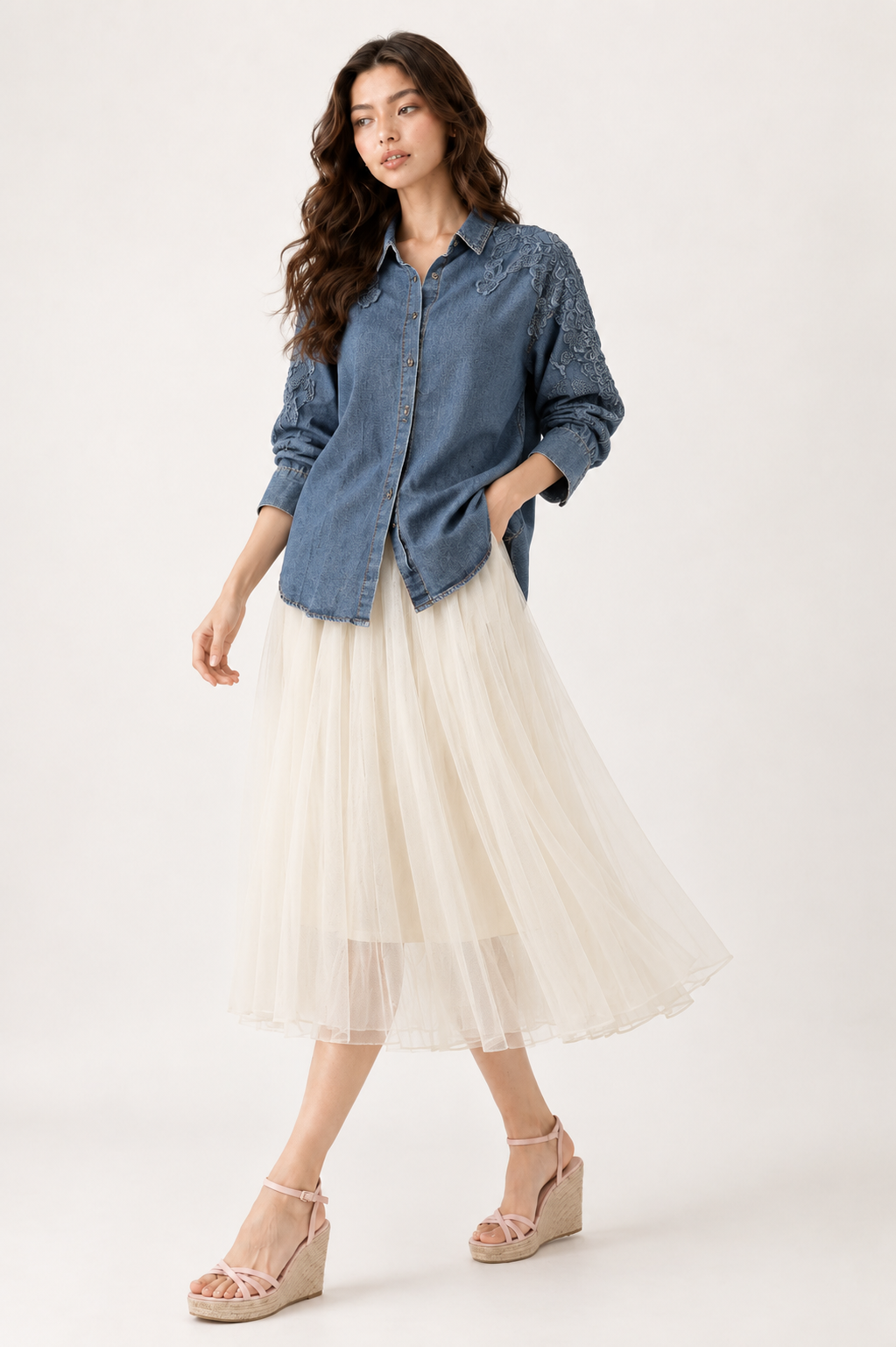 SOMERSET BAY - Denim Shirt with Floral Lace Appliqué