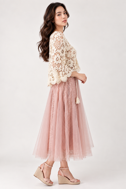 SOMERSET BAY - Tasseled Crochet Top with Bell Sleeves