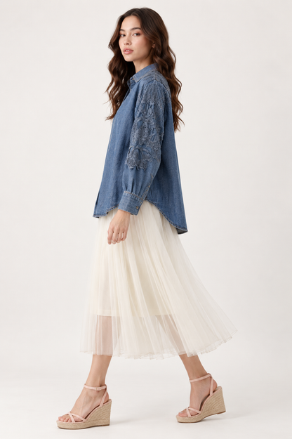 SOMERSET BAY - Denim Shirt with Floral Lace Appliqué