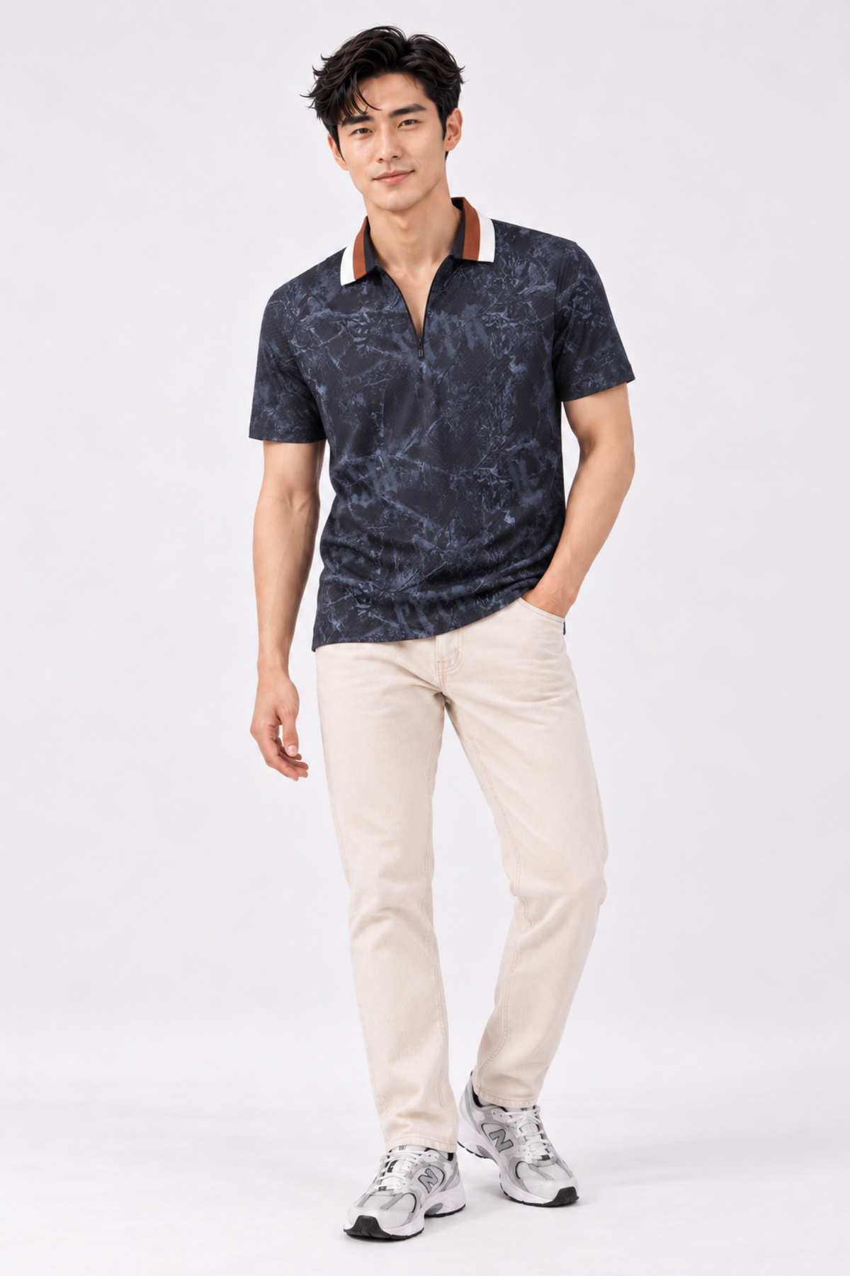 CAPE COD - Stone Marble Print Zip Polo