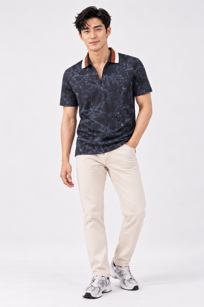 CAPE COD - Stone Marble Print Zip Polo