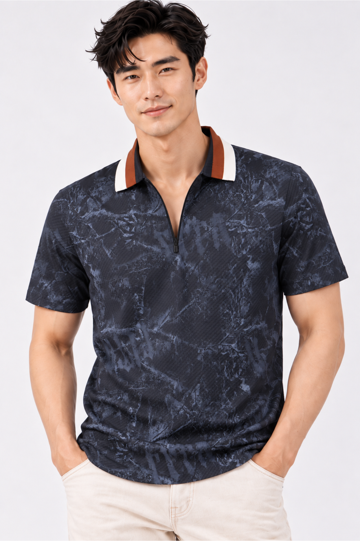 CAPE COD - Stone Marble Print Zip Polo
