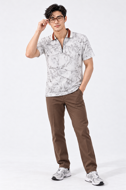 CAPE COD - Stone Marble Print Zip Polo