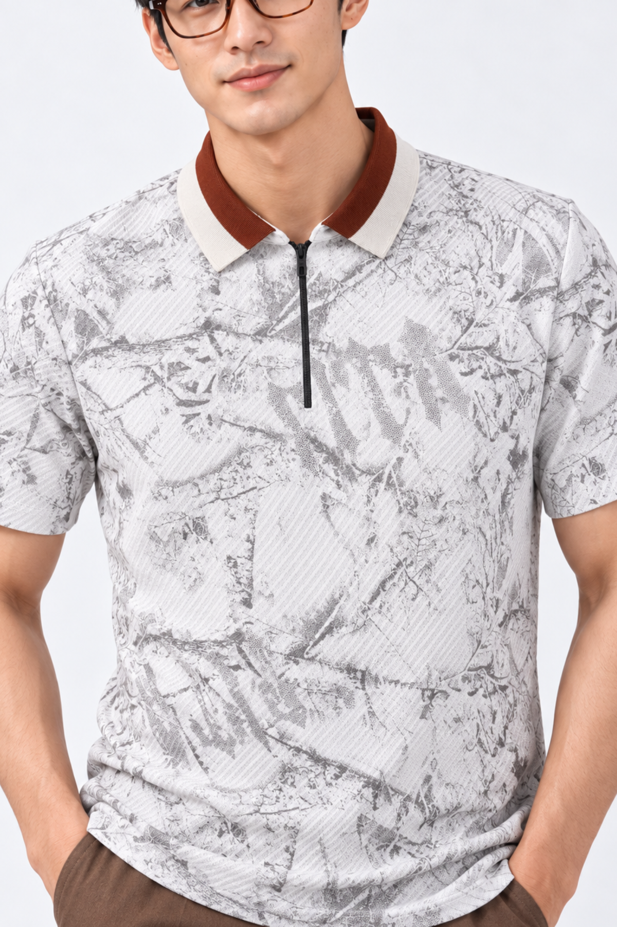 CAPE COD - Stone Marble Print Zip Polo