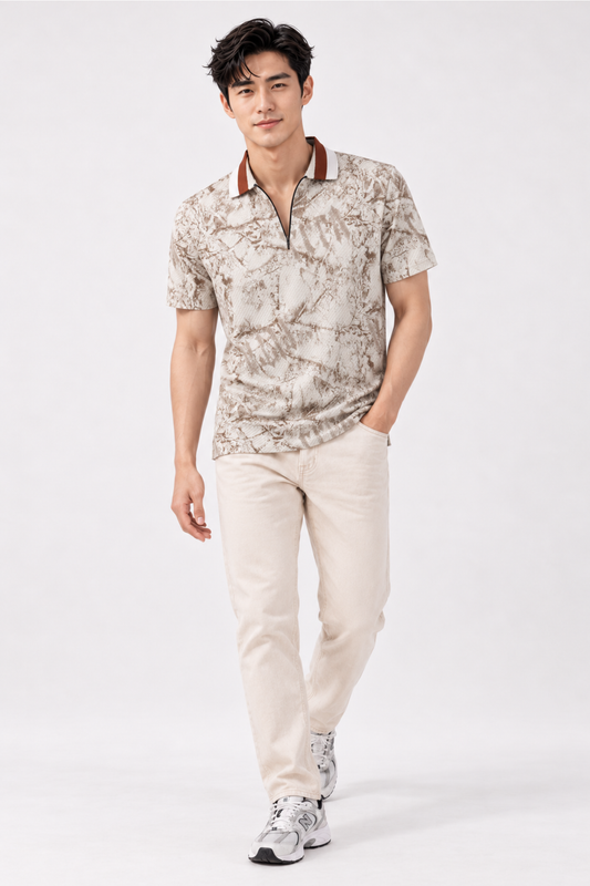 CAPE COD - Stone Marble Print Zip Polo