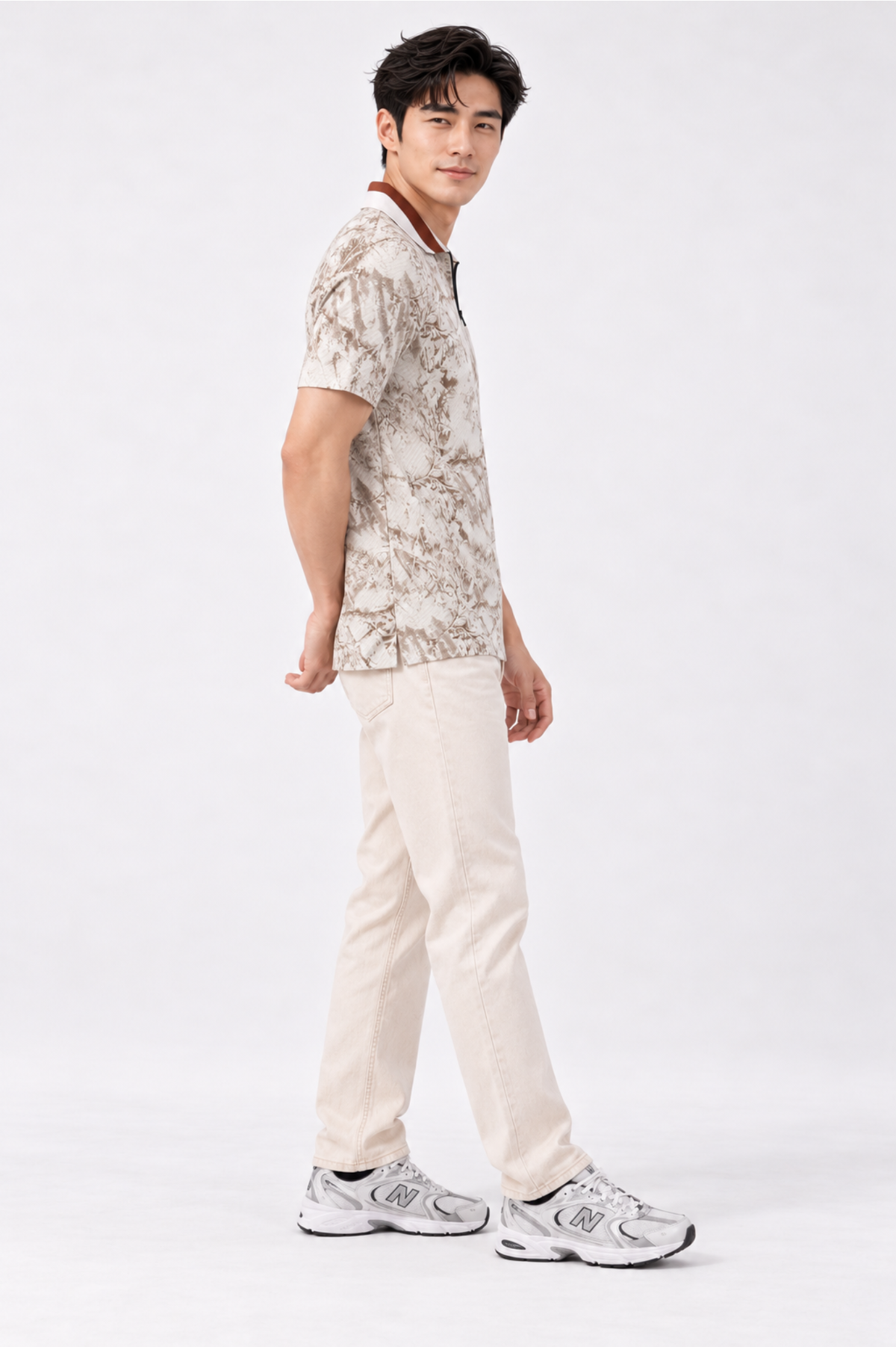 CAPE COD - Stone Marble Print Zip Polo