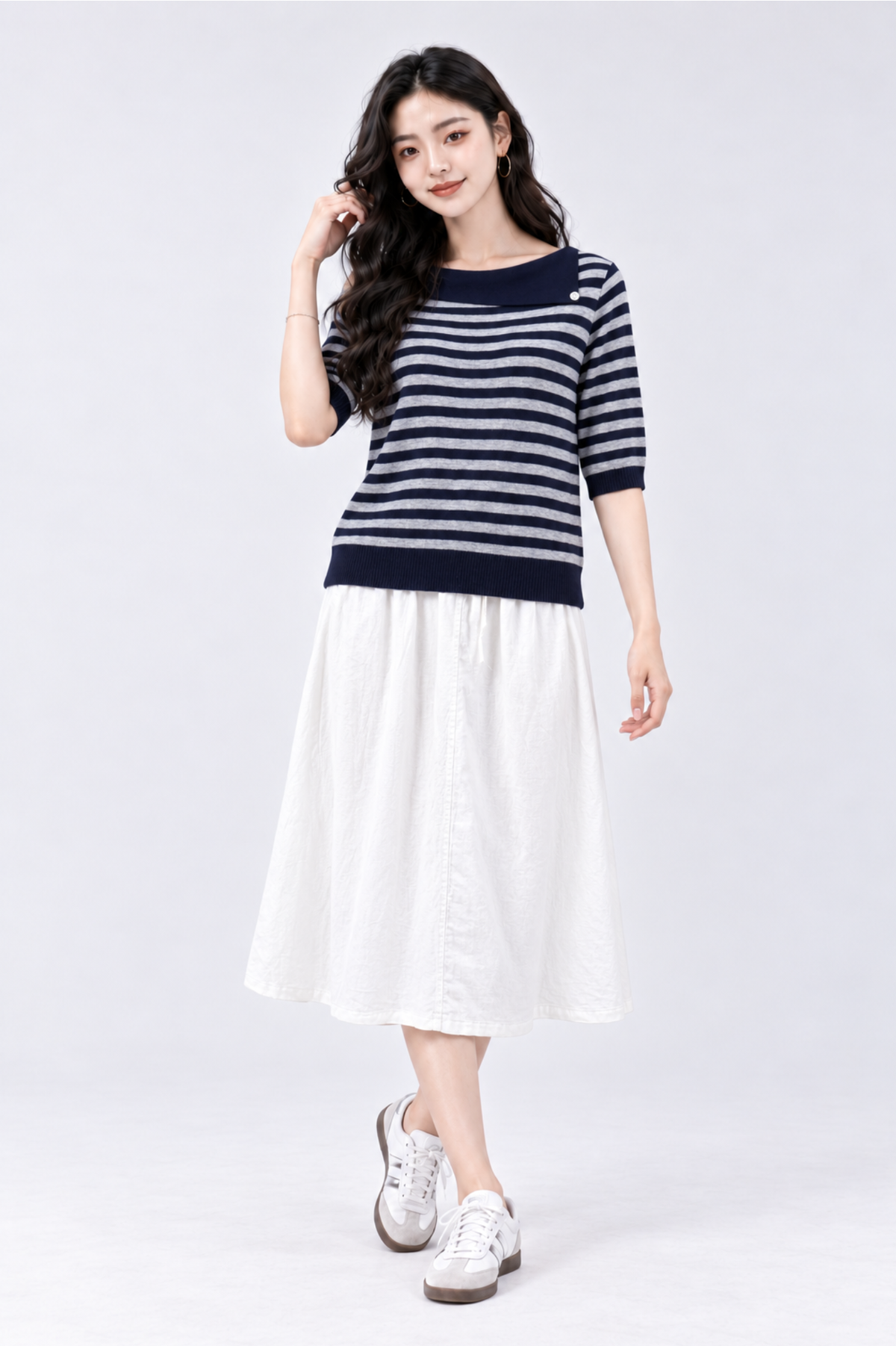 CAPE COD - Fall-Over Collar Striped Knit Top