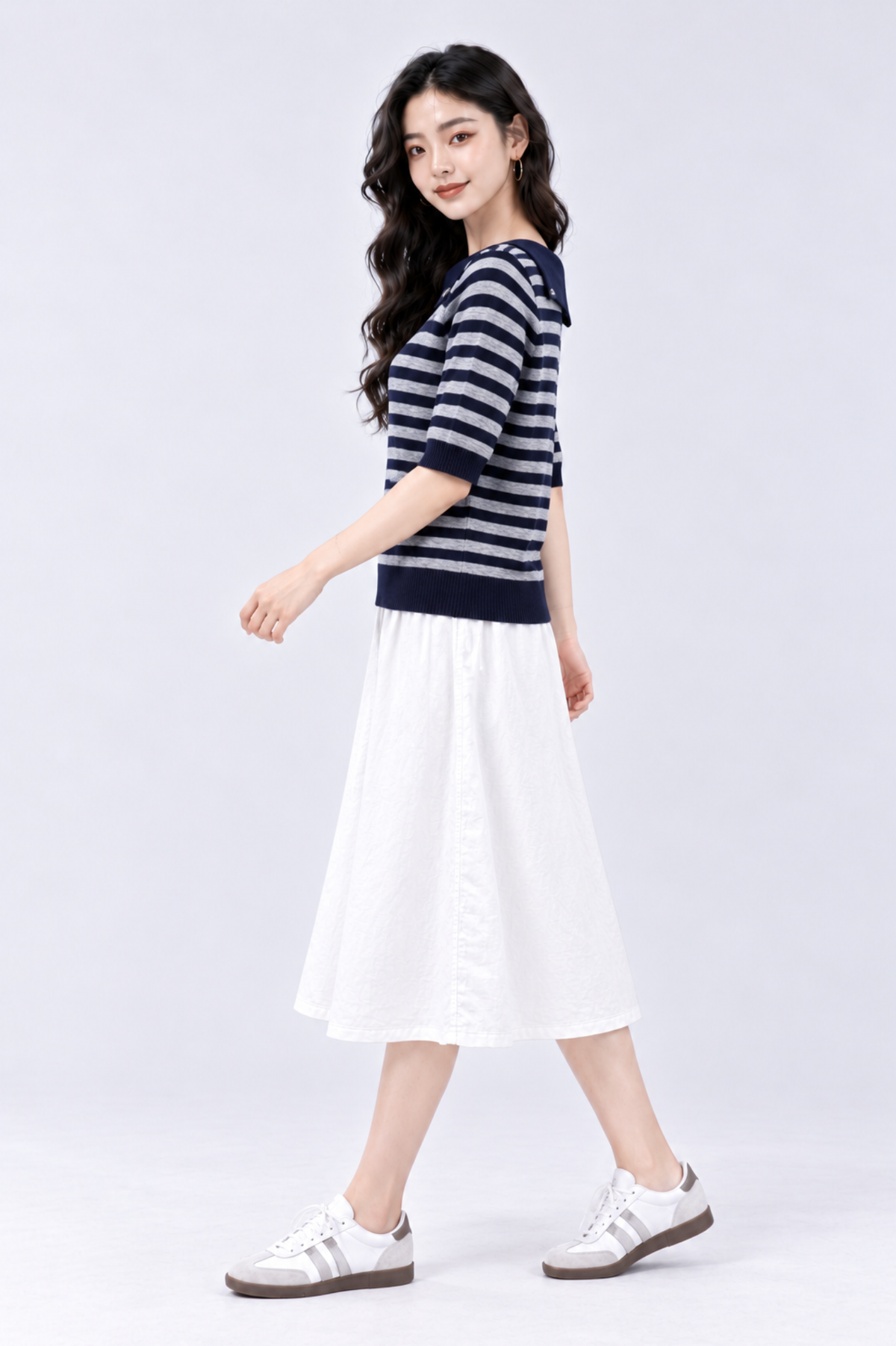 CAPE COD - Fall-Over Collar Striped Knit Top