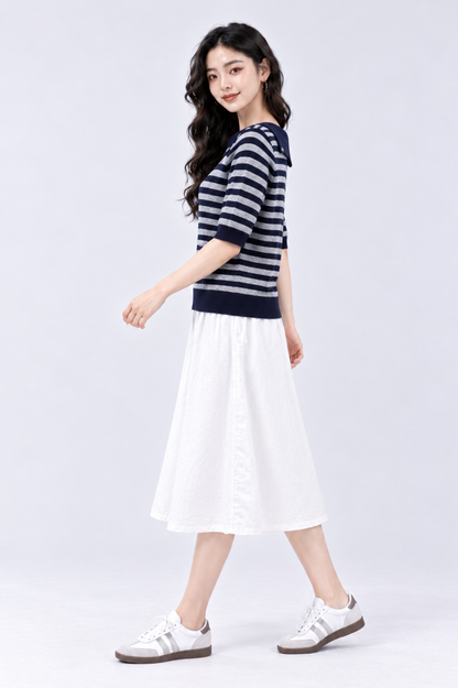 CAPE COD - Fall-Over Collar Striped Knit Top