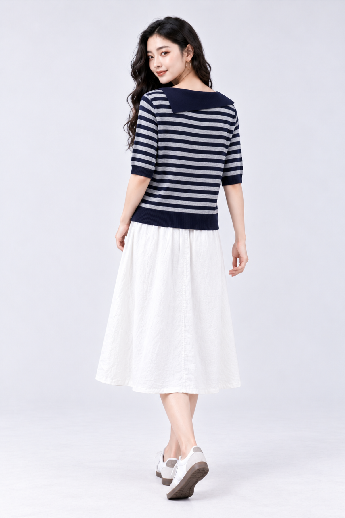 CAPE COD - Fall-Over Collar Striped Knit Top