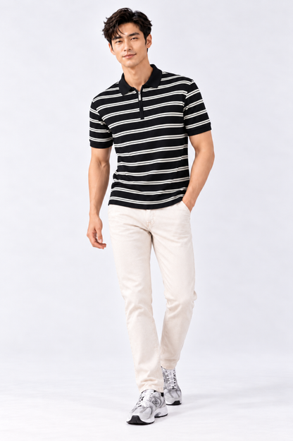CAPE COD - Men's Textured Striped Quarter-Zip Polo
